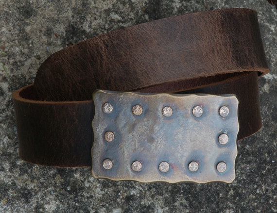 Hand Forged Stud Buckle & Fawn Distressed Leather Snap Belt for Blue Jeans ~Work Wear ~ Stainless Steel Belt Buckle ~ Accessories for Jeans