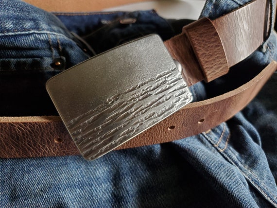 Belt & Buckle Landscape Buckle Hand Forged Signed Stainless Steel Seascape Buckle and Leather Belt for Jeans