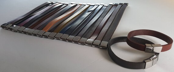 Stocking Stuffers Leather Bracelet Uni Fit Cuffs for Men or Ladies ~ Easy Clip Nickel Free Clasp ~ Custom Cut Hand Dyed Leather Straps & Bag