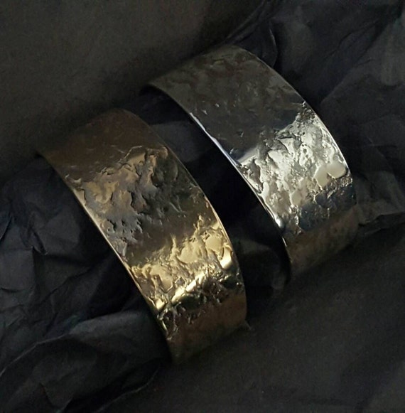 Unisex Bracelet Wrist Cuff ~ Hand Forged Texture ~ Stainless Steel Gold or Silver ~ Signed Original by Robert Aucoin, Iron Art ~ Easy Wear