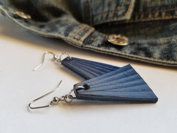 Blue Leather Dangle Earrings & Gift Bag - Boho Beach Wedding Jewelry Lightweight Geometric Earrings Handmade Gift for Her - Bridesmaid Gift
