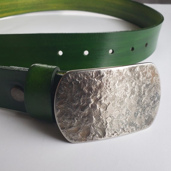Belt and Buckle Set, Twist of Lime, Hand Forged Buckle and Hand Dyed Green Belt, 1.5" Wide Belt with Snaps, St. Patrick's Day Gift