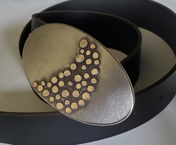 Belt & Buckle, Hand Forged Belt Buckle, Unisex Belt Buckle, Canadian Artisan, Silver with Bronze Polka Dots and 1.5" Leather Belt with Snaps