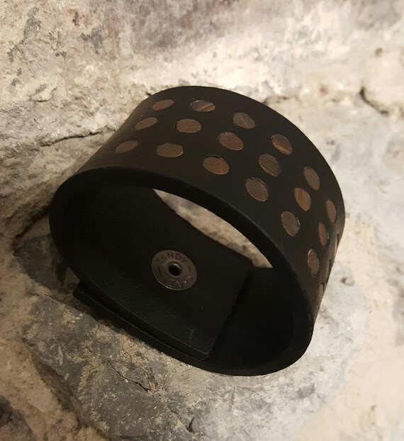 Black Leather Bracelet Cuff Confetti Unisex Wrist Cuff with Brown Polka Dots Snap Close fits Size 6.75" Velvet or Burlap Gift Bag Included