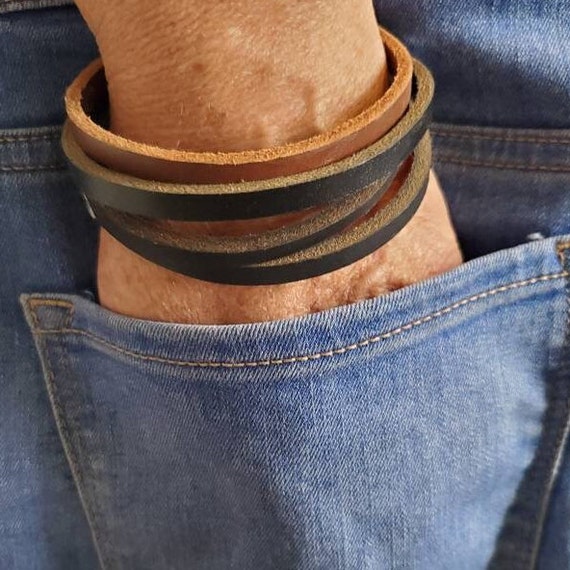 Stocking Stuffer, Unisex Leather Bangle, Stackable Leather Bracelet, Stainless Clasp, Leather Cuffs, Hand Dyed Stackable Bracelet & Gift Bag