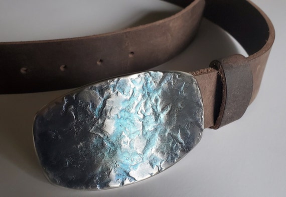 Belt Buckle, Hand Forged, Blue Gold or Blue Silver, Buckles for Blue Jeans, Blue Rodeo Cowboy Buckle, Stainless Steel Buckle for Jeans
