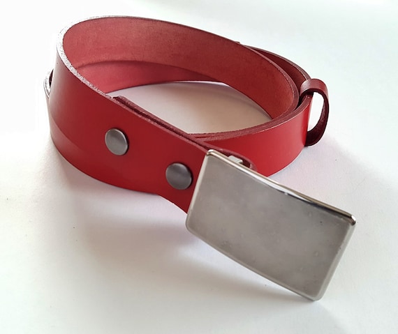 Red Belt & Buckle SET Signed Original Hypoallergenic Buckle w/ Hand Dyed Red 1.25"Interchangeable Leather Belt for Suits, Chinos, Golf, etc.