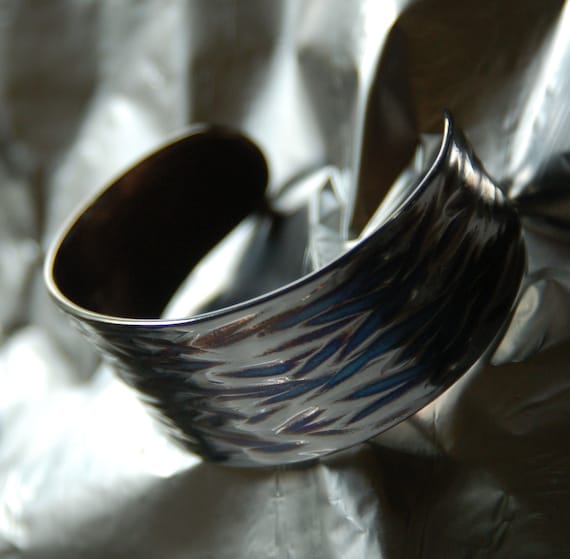 Unisex Cuff  Hypoallergenic Cuff Silver & Blue Wave Stainless Steel Bracelet Wrist Cuff ANVIL Textured Hand Forged Cuff Signed by Artist