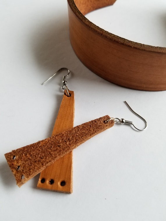 Leather Anniversary - Leather Cuff & Earring Set - Lightweight Earrings with Cuff Set - Recycled Leather Jewelry - Sizes - Gift Bag Incl.