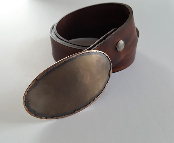 Canadian Bronze Oval Belt Buckle ~ Texas Rodeo ~ Calgary Stampede Hand Forged Stainless Steel Buckle & 1.5" Hand Dyed Woodgrain Leather Belt