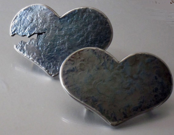 LOVE Heartbreaker Set of Two Blue Hearts Stainless Steel textured on Blacksmith's Anvil ~ Hypoallergenic ~ Signed Originals ~ For Blue Jeans