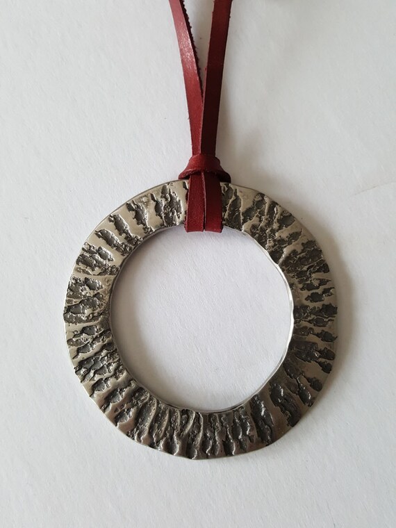 Hand Forged Unisex Pendant Necklace ~ Stainless Steel Pendant on Hand Dyed Scarlet Leather Strap 17" One of a Kind Necklace ~ Worldwide