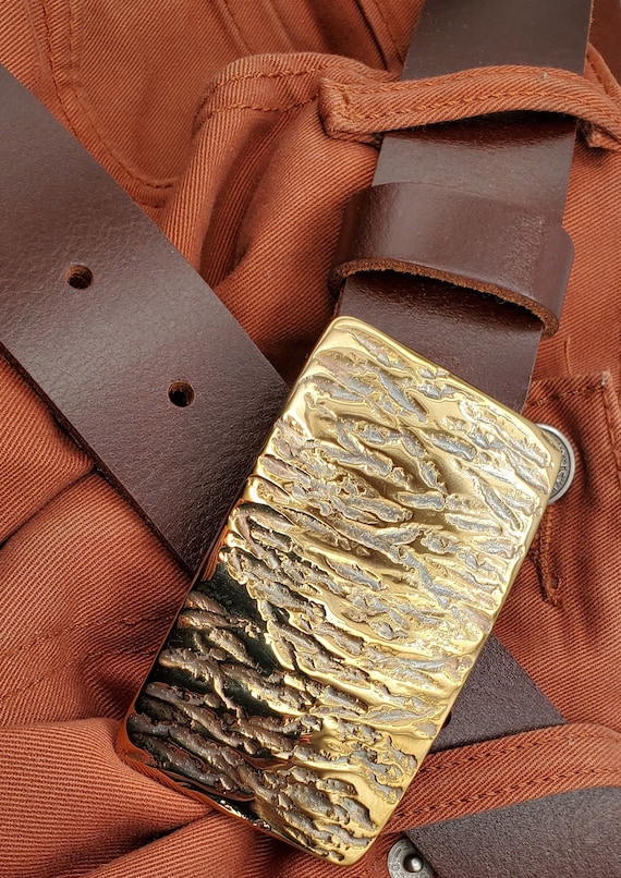 Gold Nugget Buckle & Belt Hand Forged Buckle w/ Leather Belt for Blue Jeans Artisan Signed Unisex Buckle Fits 1.5" Leather Snap Belt