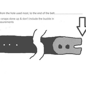 May include: Diagram of a belt with instructions for measuring. The text reads: "Measure from the hole used most, to the end of the belt... Keep the snaps done up & don't include the buckle in your measurements."