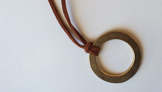 Pendant, Gold Hand Forged, Circle Pendant, Stainless Steel Jewelry, Necklace 2.5" d, Stainless Steel, Bronze & Leather Strap, Unisex Gifts