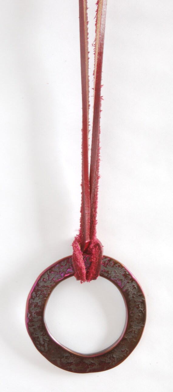 Pink Bronze Pendant Necklace Hypoallergenic Jewelry Rustic Hand Forged Textured Circle Necklace 2.25"d Stainless Steel & Pink Leather Strap