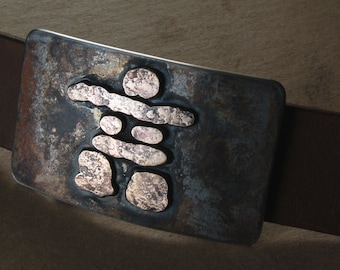 Belt & Buckle Set- Inuit Art -Rustic Bronze Inukshuk - Hand Made in Canada - Hand Forged Belt Buckle with Leather 1.5" Belt for Blue Jeans