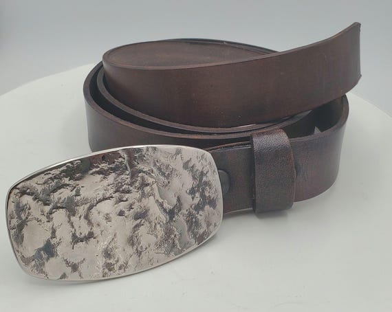 Hand Forged Buckle with Hand Dyed Brown/Slate Belt - Silver/Slate Buckle with Hand Dyed Slate/Brown 1-1/4" Wide Belt