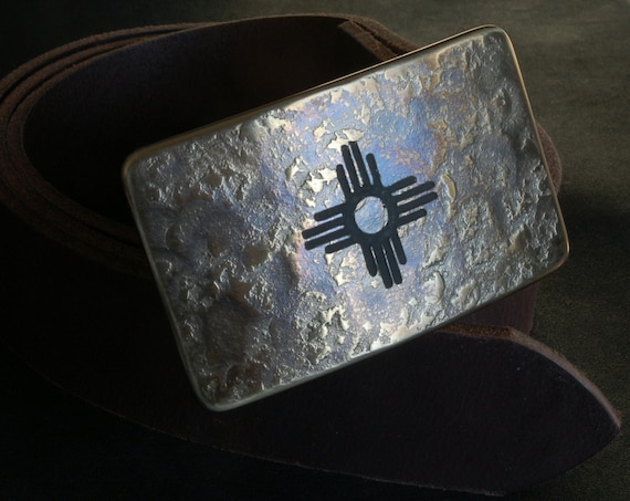 Zia Belt Buckle, Etched Jean Buckle, Hand Forged Buckle, New Mexico Buckle, Zia Buckle, Accessory, Buckle fits 1.5" Leather Belt for Jeans