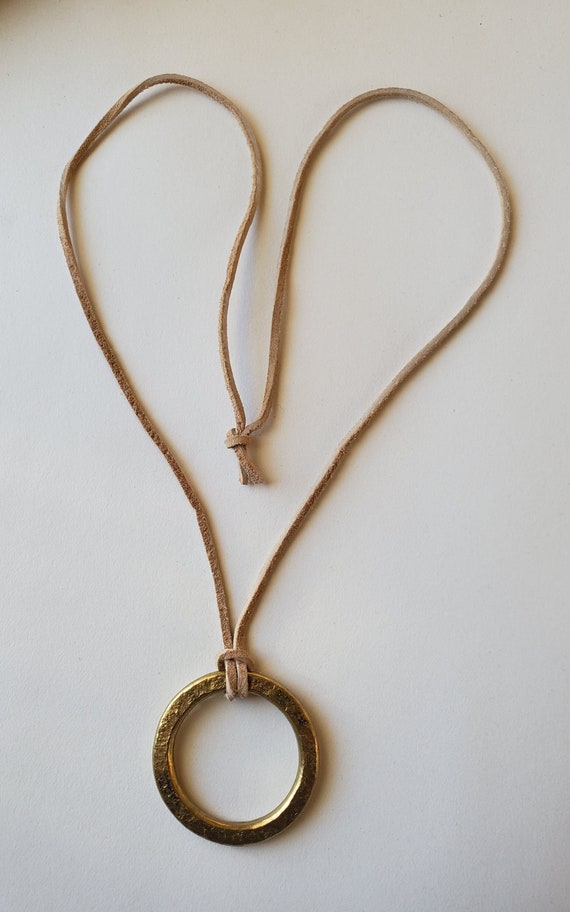 Pendant, Hand Forged, Circle Pendant, Unisex Jewelry, Bohemian Necklace 1" d with Burlap / Velvet Bag, Beige, Black or Brown Leather Strap