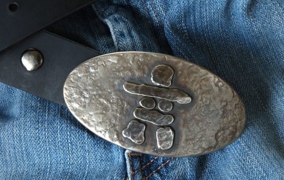 Oval Silver Inuit Inukshuk Belt Buckle Stainless Steel Hand Forged Hypoallergenic fits 1.5" Belt for Blue Jeans Signed by Canadian Artist
