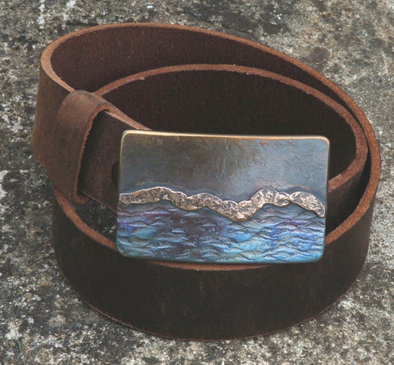 Landscape Belt Buckle, Sea and Sky Buckle Outdoor Gear Buckle Designed and Signed by Artist Robert Aucoin Fits 1.5 Leather Belt for Jeans