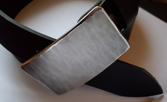 Suit Buckle & Belt Set, Silver Wood Grain Buckle and Belt Signed Original, HypoAllergenic Buckle with Leather Belt with Snaps for Suits