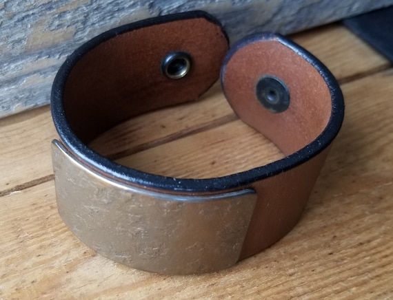 Wrist Cuff Unisex Leather & Metal Choice of Leather Colors w snaps Hand Forged Stainless Steel Gold or Silver Plate, Gift Bag Included