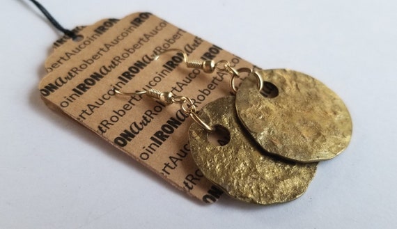 Earrings, Hammered Ancient Gold Earrings, Hand Forged, Lightweight Gold Earrings & Bag, Gal Gifts, Stocking Stuffers for Mom, Gold Gifts