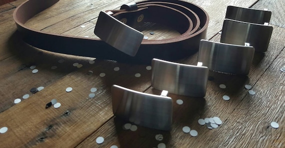 Wedding Party Belt N Buckle SET Brushed Stainless Steel Hypoallergenic Belt Buckle & Mahogany Leather Belt 1.25" Wide with Snaps Custom Cut