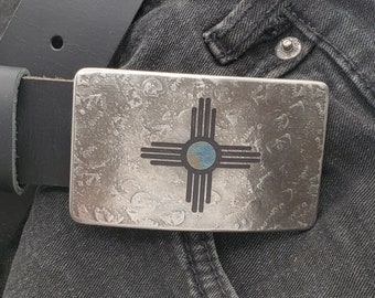 Zia Buckle & Belt Blue or Red New Mexico Etched Buckle with Belt Hand Forged Zia Buckle with 1.5" Leather Belt for Jeans and Gift Bag
