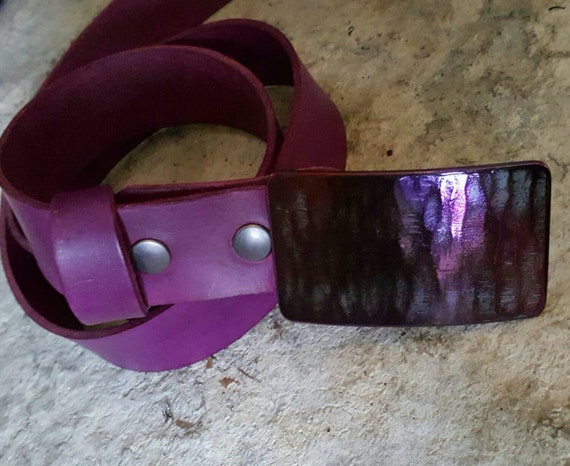 Purple Belt and Buckle Set, Multi Colored, Hand Forged, Hypoallergenic Belt Buckle & Hand Dyed Leather Belt 1.5" Wide with Snaps, Custom Cut