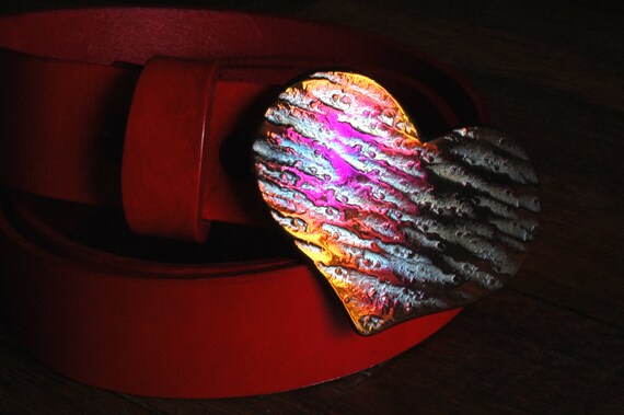 Heart Belt Buckle ~ Lover's Gift ~ Hand Forged Heart Buckle ~ Anniversary Gift ~ Pink Multicolour Heart Buckle Fits 1.5" Belt for Blue Jeans