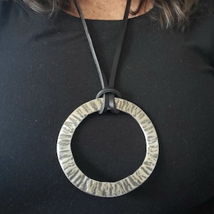 Large Silver & Slate Pendant Hand Forged Circle Unisex Pendant Rustic Jewelry Necklace 3.25&quot;d Stainless Steel w/ Leather Strap Unisex Gifts