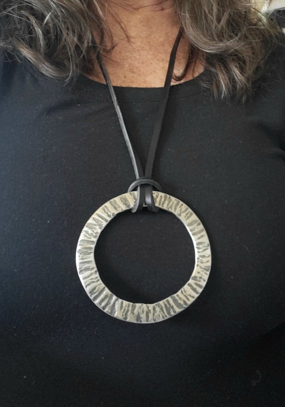 Large Silver & Slate Pendant Hand Forged Circle Unisex Pendant Rustic Jewelry Necklace 3.25"d Stainless Steel w/ Leather Strap Unisex Gifts