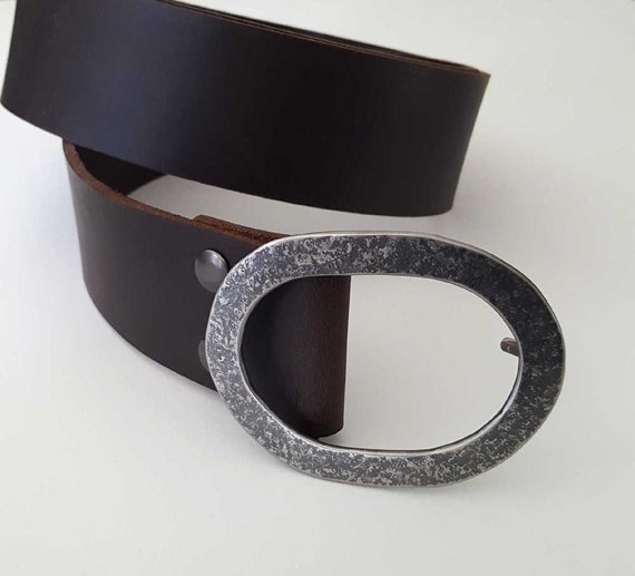 2" Leather Belt & Hand Forged Oval Belt Buckle SET, Motorcycle Belt and Buckle, Kilt Belt, Custom Cut, Four Leather Belt Colours Avail.