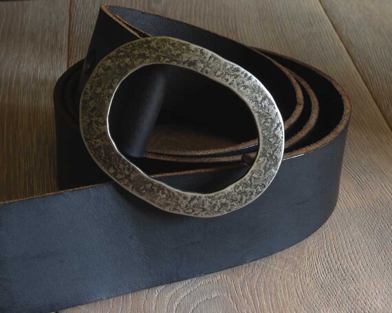 2" Leather Belt with Snaps for Blue Jeans w/ Hand Forged Oval Belt Buckle Wide Motorcycle Belt Custom Cut ~ (Four Colours) w/ Belt Buckle