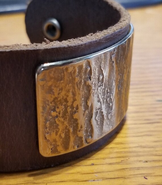 SALE Leather & Metal Wrist Cuff ~ Choice of Leather Colour w snaps ~ Hand Forged Stainless Steel Gold or Silver Plate ~ Gift Bag Included ~