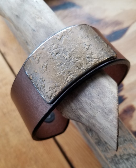 Unisex Leather & Metal Wrist Cuff, Choice of Leather Colors w snaps, Hand Forged Stainless Steel Gold or Silver Plate, Gift Bag Included