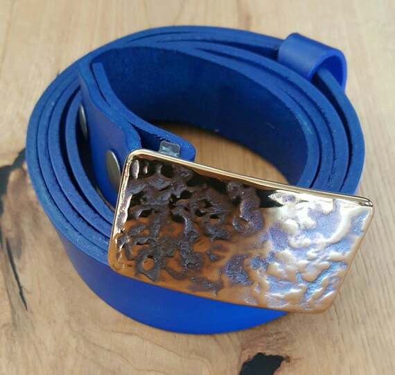 Men's Hand Forged Belt Buckle & Blue Hand Dyed Suit Belt SET ~ Hypoallergenic Accessories ~ Groomsmen's Gifts ~ Fits 1.25" Belt for Suits