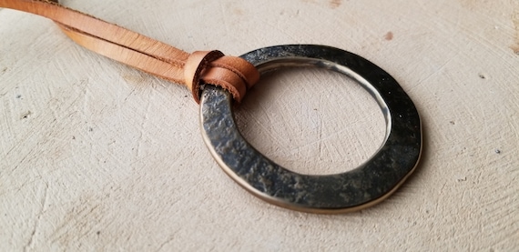 Pendant, Gold, Bronze Hand Forged Circle Pendant, Rustic Jewelry, Necklace 2.5" d, Stainless Steel, Bronze & Leather Strap, Unisex Gifts