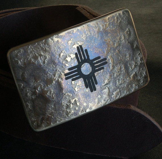 New Mexico Buckle & Belt Etched Jean Buckle and Belt Set Hand Forged Buckle Zia Buckle and Belt 1.5" Leather Belt for Jeans and Gift Bag