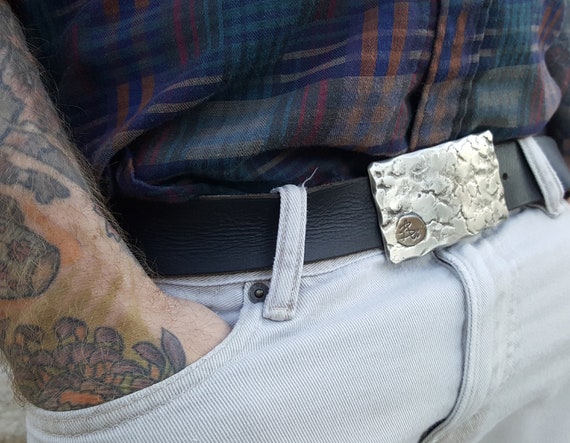 Signed Original Belt Buckle Silver Hand Forged Buckle with Bronze Artist's Signature Hypoallergenic Stainless Steel Fits 1.5" Belt for Jeans