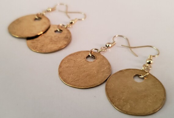 Anvil Textured Brass Earrings Hammered Ancient Gold Shepherd Hook Earrings w/ Bag Light Gold Earrings & Bag Stocking Stuffers Unisex Gifts