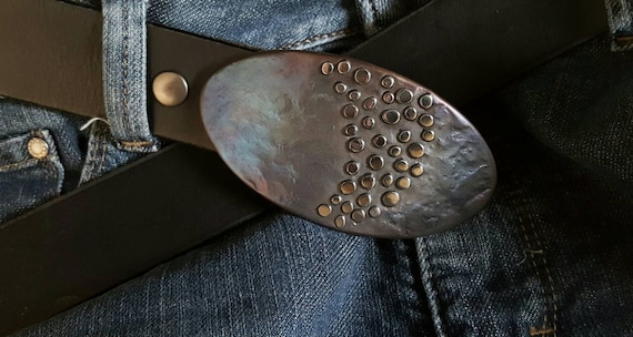 Canadian Artisan Belt Buckle, Belt Buckle, Hand Forged,  Stainless Steel with Polka Dot Overlay, Fits 1-1/2" Belt for Blue Jeans, Streetwear