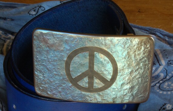 PEACE Sign Belt & Buckle Hand Forged Hypoallergenic Buckle Signed Original Accessories fits 1.75" Blue Hand Dyed Belt and Buckle Unisex Set