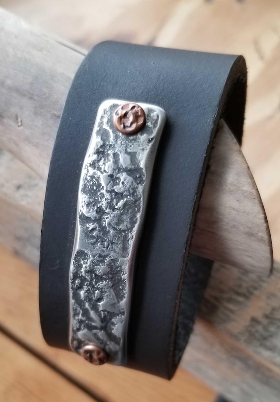 Black Leather Cuff w/Textured Stainless & Copper Cuff Bracelet Unisex Leather Wrist Cuff w/ snaps Boyfriend Gift Stocking Stuffer Gift Bag