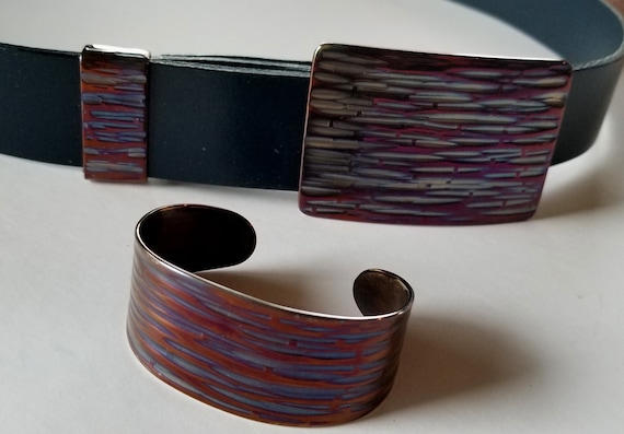 Belt & Buckle with Keeper and Cuff for Blue Jeans - Purple Hand Forged Valentine Gift Set - Men's or Ladies Accessory Set - Signed Original