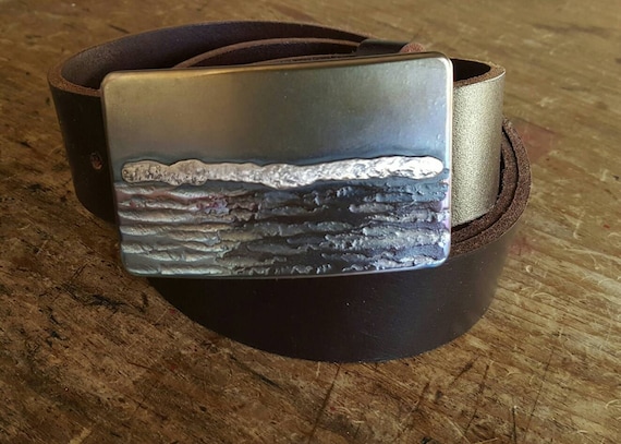 Bronze Belt & Buckle SET Hand Forged Landscape Buckle for Jean Signed Original Accessories for Men Handcrafted Gifts for Women 1.5" Leather