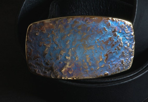 Belt Buckle, Hand Forged,  Blue Gold or Blue Silver, Buckles for Blue Jeans, Blue Rodeo Cowboy Buckle, Stainless Steel Buckle for Jeans